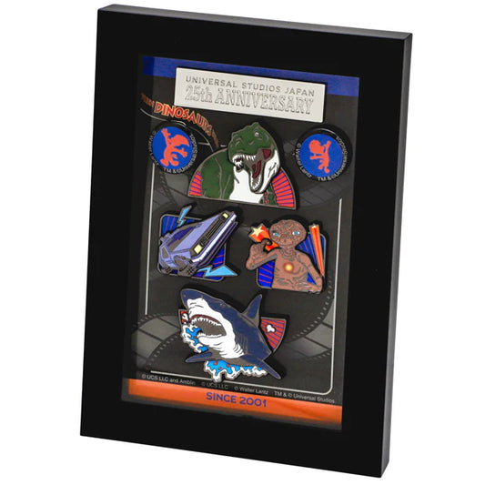 Universal Studios Japan - 25th Anniversary - Classic Rides - Jurassic Park / Jaws / Back to the Future / E.T. / Woody Woodpecker - Set of Framed Pin Badges (6 pieces)