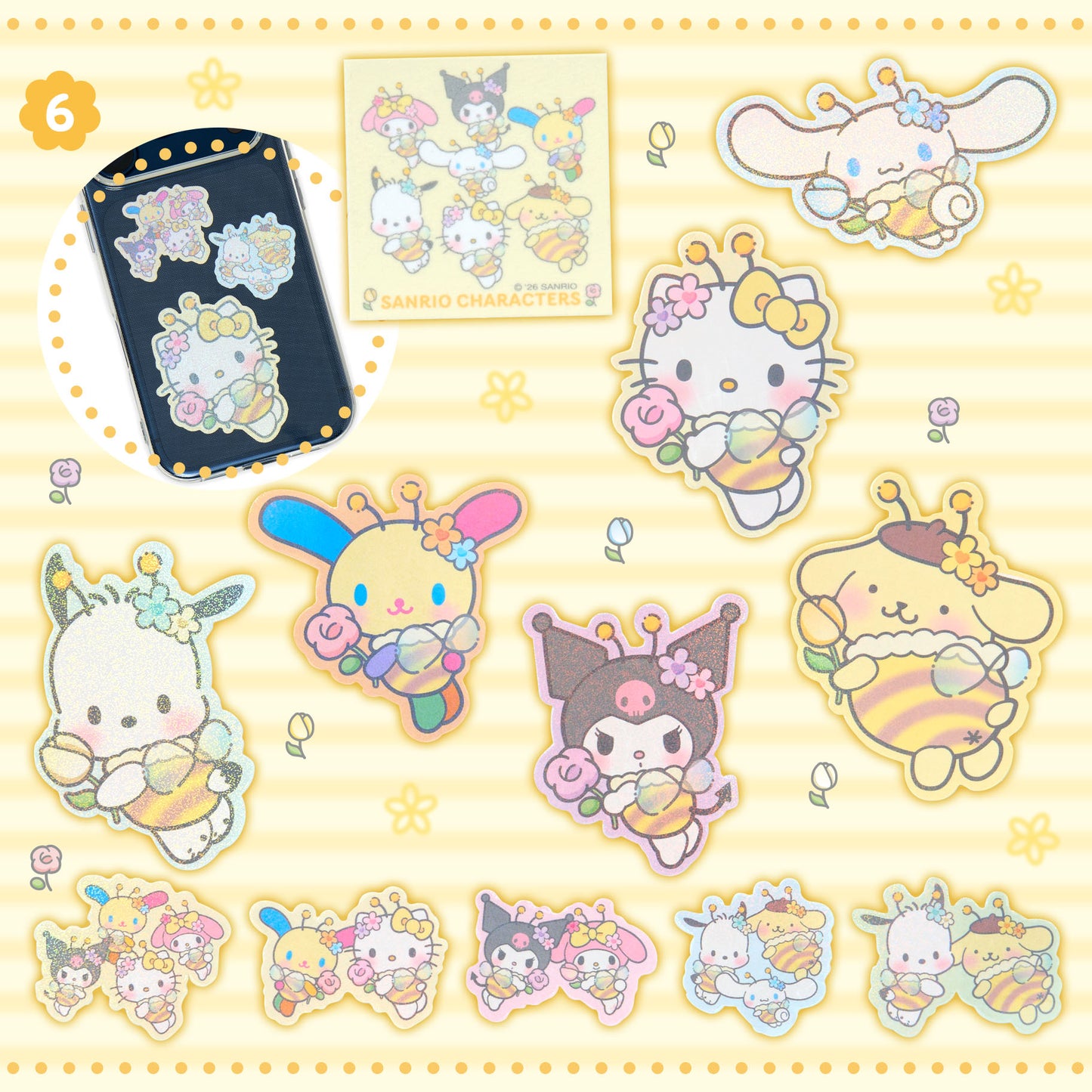 Sanrio Japan - Sticker Set - Holographic & Flocked (Flower-loving bee)