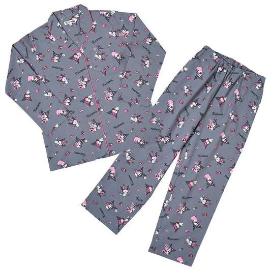 Sanrio Japan - Kuromi - Broadcloth Shirt - Pajamas Set - Adults (grey)