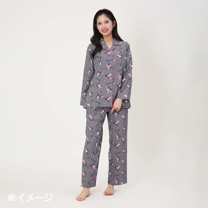 Sanrio Japan - Kuromi - Broadcloth Shirt - Pajamas Set - Adults (grey)